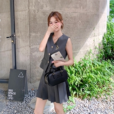 韩系穿搭一整套女2025夏季新款时尚休闲灰色西装背心百褶裙两件套，女装套装/套裙，纯色衣恋