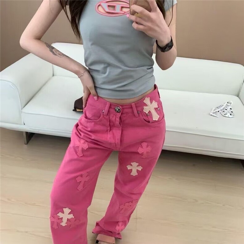 重工拼皮十字架牛仔裤女设计感小众多巴胺直筒长裤子AM933P62,男装皮裤,星座1013-5