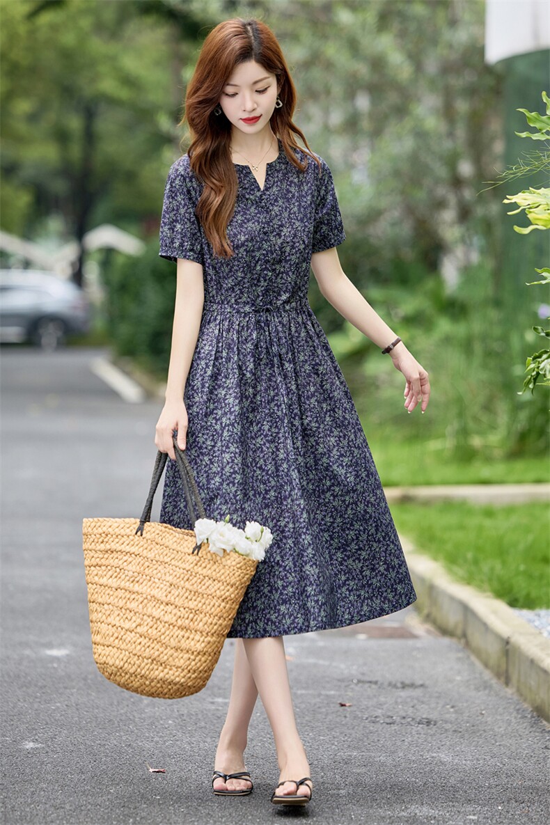 复古小碎花棉麻连衣裙女2026夏新款气质V领减龄收腰宽松休闲裙子,女装连衣裙,倪叶myz
