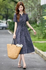 复古小碎花棉麻连衣裙女2026夏新款气质V领减龄收腰宽松休闲裙子，女装连衣裙，倪叶myz