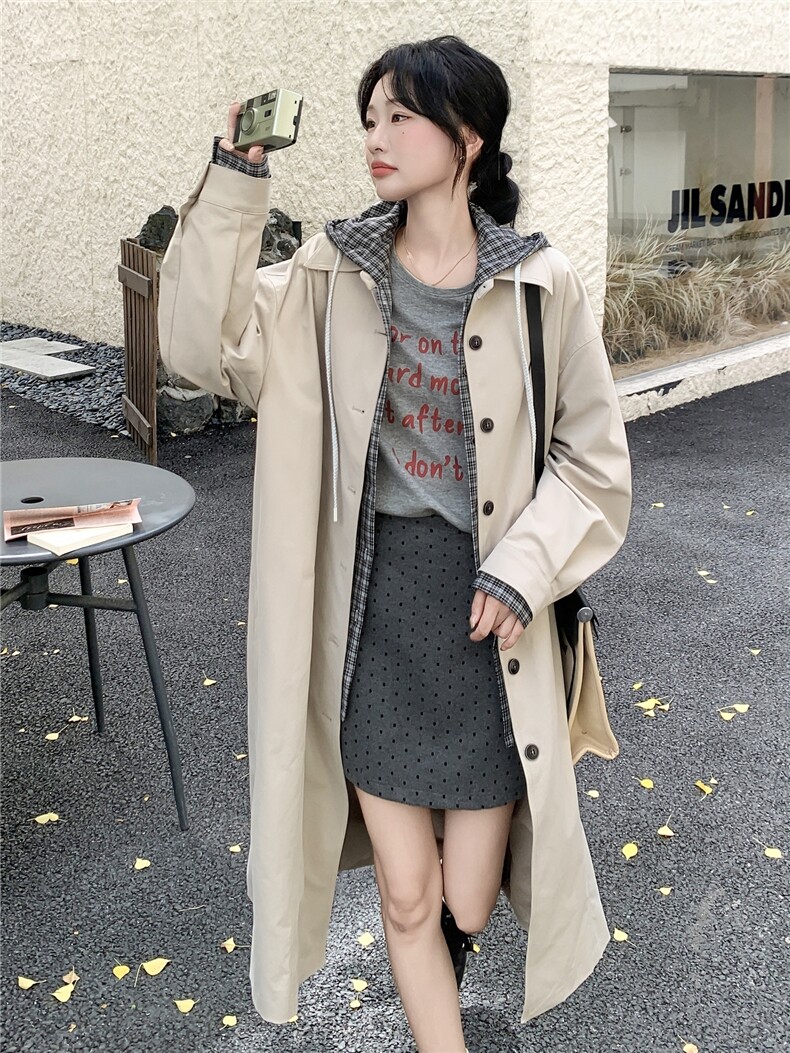 格纹风衣连帽常规长款拼接中长款大衣女秋季小个子春秋气质时尚,女装风衣,浙宝210（原浙宝191）