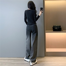 女春新款时尚减龄套装修身纯欲不规则斜肩领口上衣牛仔长裤两件套，女装套装/套裙，2C310