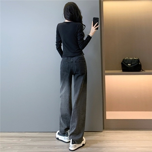 女春新款时尚减龄套装修身纯欲不规则斜肩领口上衣牛仔长裤两件套图片