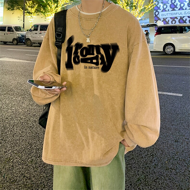 直播品质重磅纯棉美式蜡染水洗做旧潮牌宽松长袖t恤CT376特P38,男装T恤,电商A486