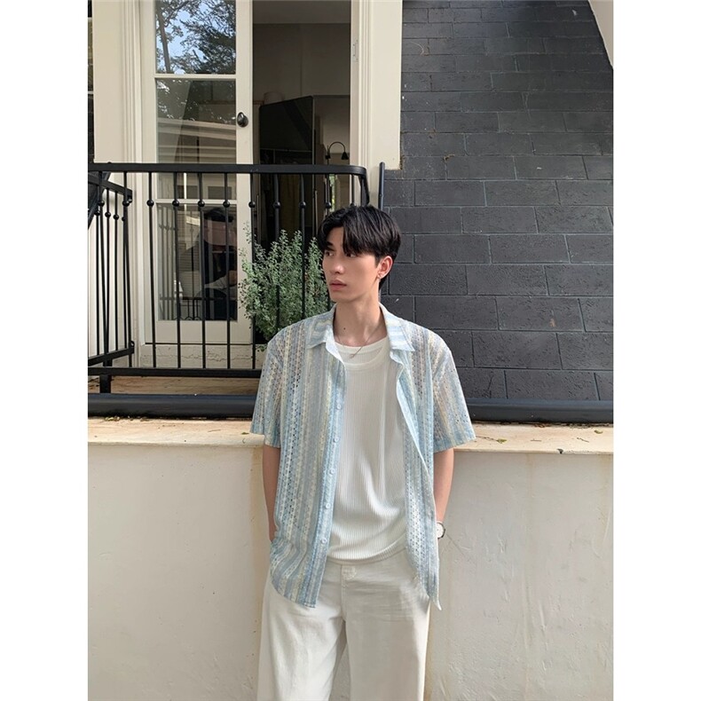 韩版条纹镂空短袖衬衫男女夏季帅气潮流冰丝透气半袖衬衣叠穿外套,男装T恤,星座1210-1