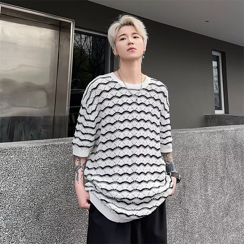 冰丝凉感丝光棉男士t恤短袖夏季镂空针织衫提花波浪条纹MB6004，男装针织衫/毛衣，星座1116A-1（原606A）