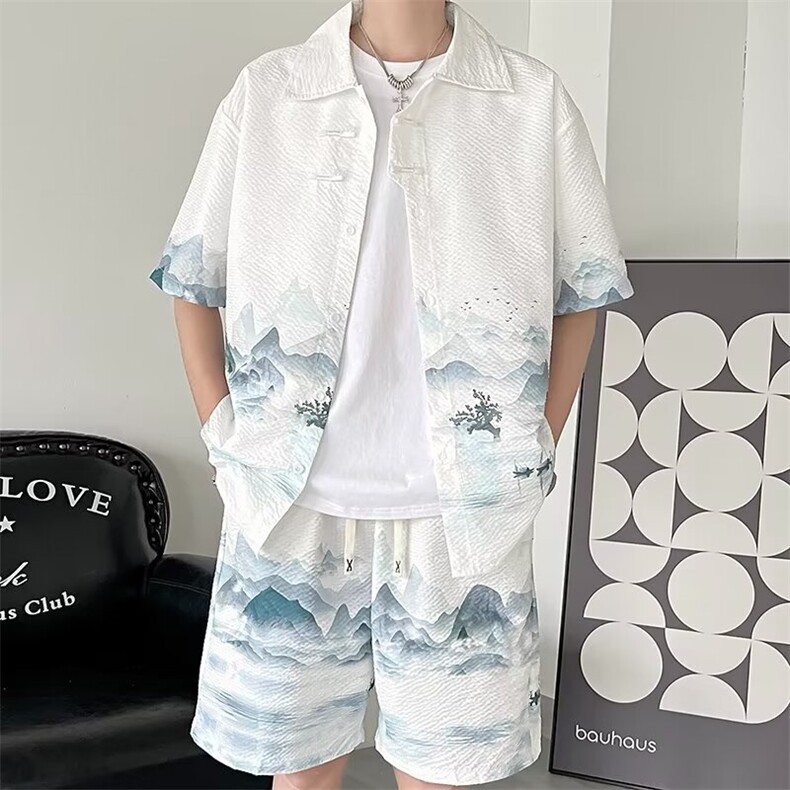 F331-P55 2024夏季新中式风衬衫套装短袖短裤一套搭配男 现货图片