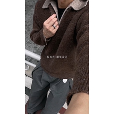 重磅北极绒假两件衬衫领毛衣美式高街复古休闲慵懒纯色翻领针织衫，男装针织衫/毛衣，电商A486