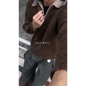 重磅北极绒假两件衬衫领毛衣美式高街复古休闲慵懒纯色翻领针织衫图片
