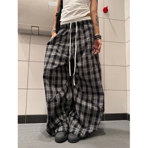复古慵懒风百搭格子裤男女爵士舞双腰头拼接宽松阔腿裤KB3070