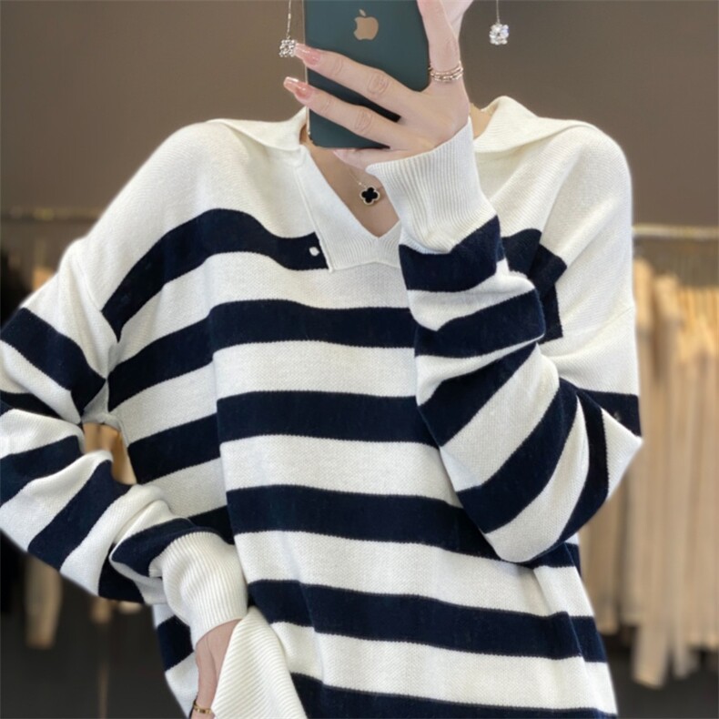 羊范禾家2025春季新款精纺羊毛针织衫女海军领撞色毛衣减龄海魂衫图片