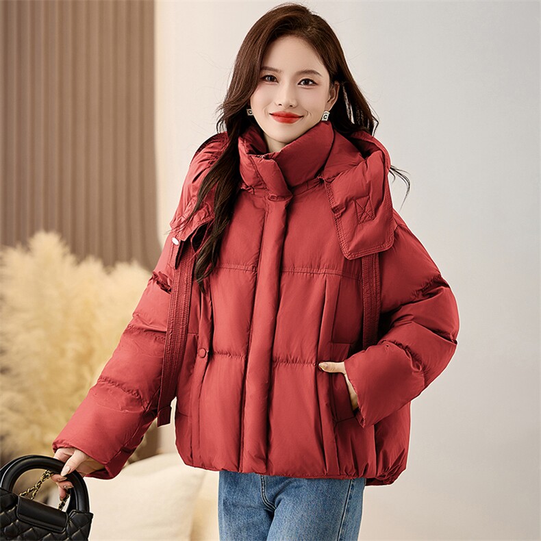 连帽飘带短款羽绒服女2024冬季新款加厚小个子90白鸭绒面包服外套,女装羽绒服,衣之秀