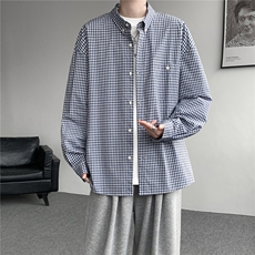 8XL-Mmiu系穿搭复古蓝格子衬衫男宽松纯棉长袖衬衣男CS540-P45，男装衬衫，电商D206-1