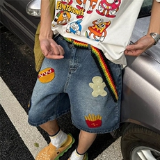 美式复古创意薯条毛巾绣牛仔短裤男女阔腿直筒宽松潮牌百搭五分裤，男装牛仔裤，星座1210-1
