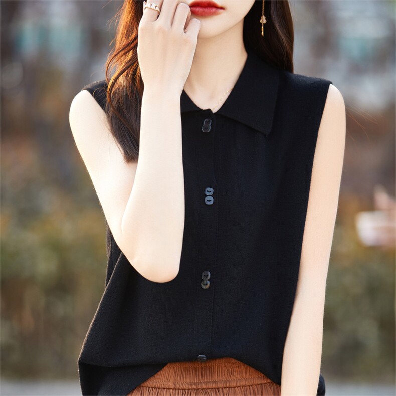 春夏polo领100精细羊毛衫T恤女无袖套头宽松显瘦背心纯色针织上衣,女装羊毛衫,总能电商供货