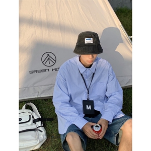 蓝色条纹衬衫男日系夏季薄款宽松很仙的痞帅衬衣轻熟风男女搭配潮图片