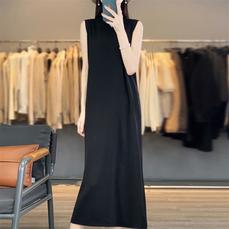 时尚优雅女士修身显瘦四平无袖连衣裙长裙简约大气百搭必备,女装连衣裙,东远绒业