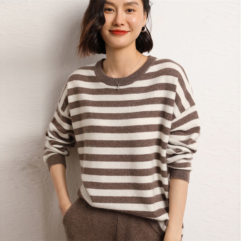 条纹气质简约秋冬季新款百搭时尚套头羊绒衫内搭女,女装羊绒衫,五色羊羊绒