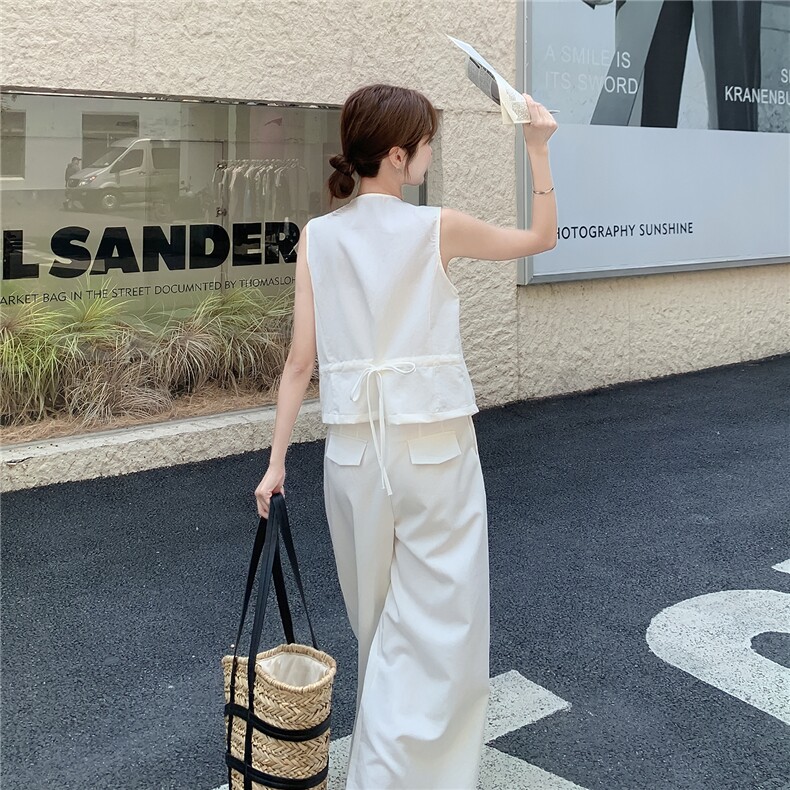 韩系百搭白色套装女2025夏季新款慵懒风宽松阔腿裤无袖马甲两件套,女装套装/套裙,2D078