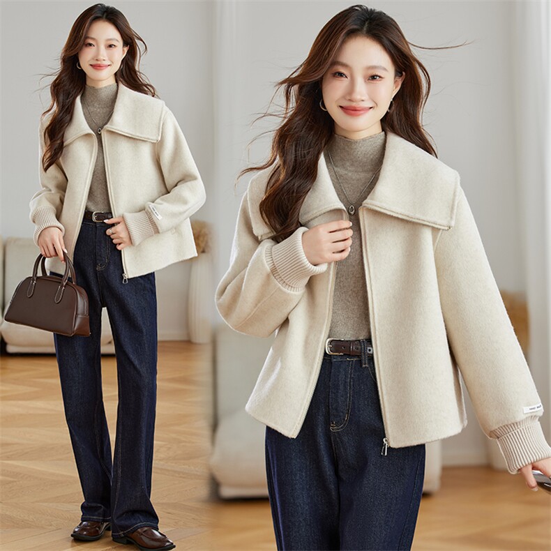 2024秋冬新款海军领拉链双面羊毛大衣短款减龄洋气70羊毛外套，女装毛呢外套，拾衣