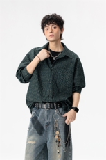 秋季泡泡纱肌理感时尚格子翻领大码衬衫外套男C5469-特P38控75，男装衬衫，电商A001-1
