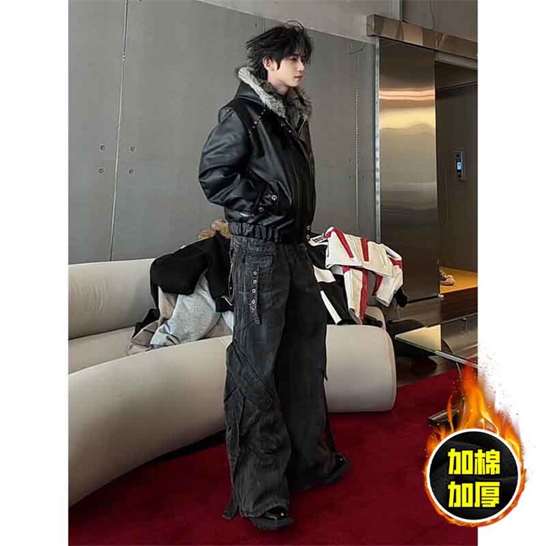 现货冬季美式潮牌痞帅PU皮机车服棉衣毛毛绒狼王座山雕皮棉服,男装棉衣,电商A486-1