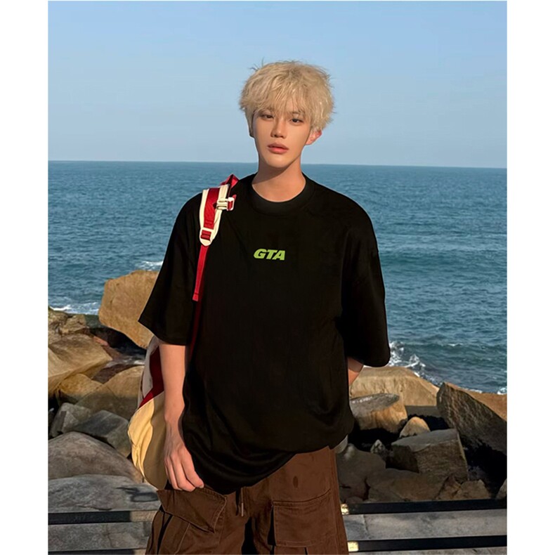 抖音得物供货210克现货宽松纯棉美式潮牌印花落肩袖纯棉T恤AT2125，男装T恤，电商A443