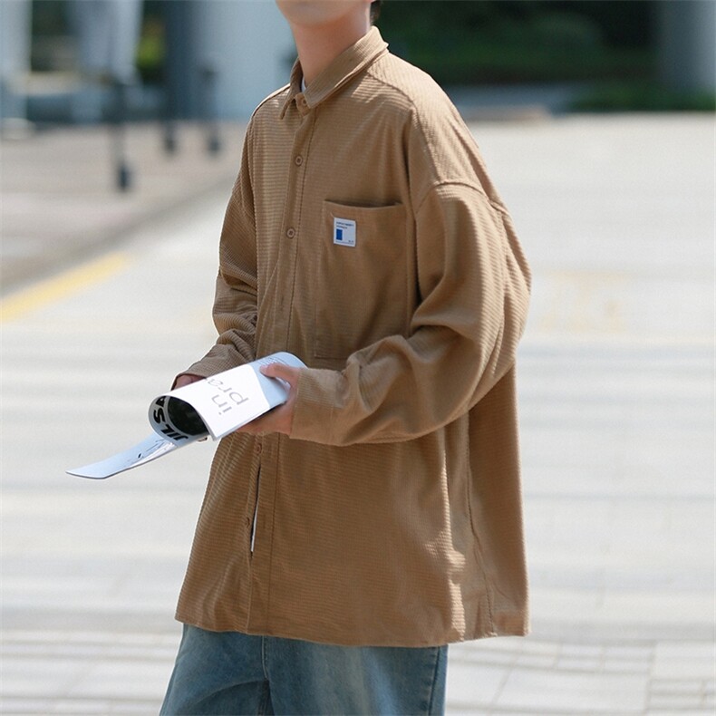 秋装港风纯色宽松长袖灯芯绒衬衫百搭学生高级感外套潮H217/P45,男装衬衫,钱塘713