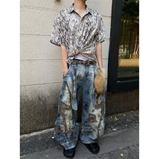 男女美式污渍乱针弯刀牛仔裤2025阔腿牛仔宽松镰刀裤RK3141-P92，男装牛仔裤，星座412-1