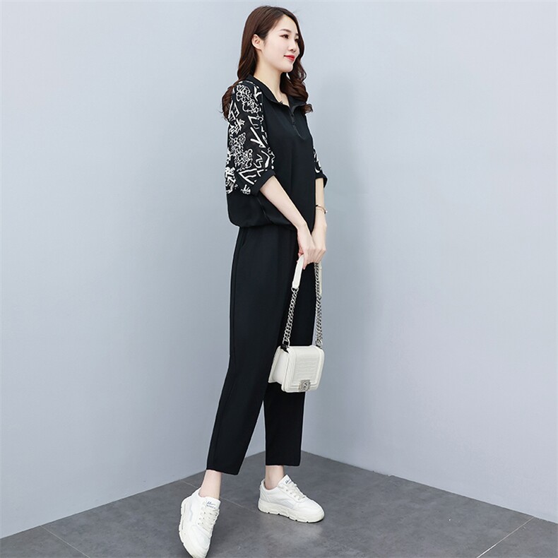 中年妈妈两件套大码减龄女装时尚2023夏季宽松显瘦花色中袖裤套装,女装套装/套裙,素月
