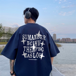 麂皮绒白色短袖美式高街男款夏季重磅t恤潮牌潮流宽松休闲七分袖图片