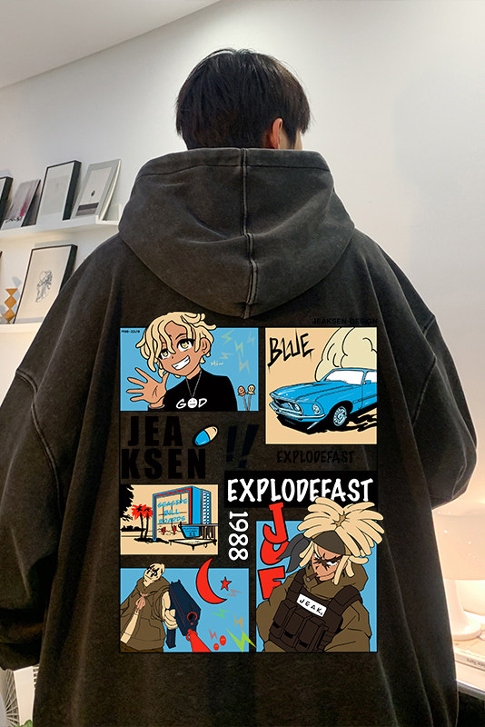 美式高街复古漫画印花潮流ins宽松水洗卫衣JK23371特批53-控88,男装卫衣,星座605(原A050)