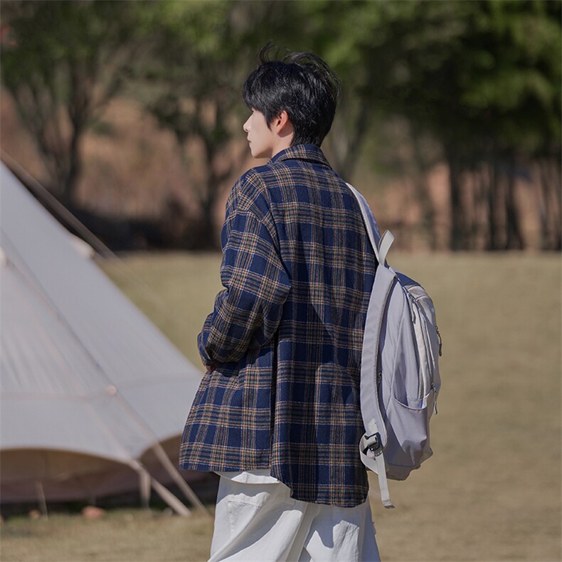 日系格子衬衫男长袖秋季男生秋冬复古衬衫外套男款DX809P45控78,男装衬衫,电商B413-1