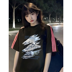 抖音得物品质二开240克宽松纯棉美式潮牌印花三条杠中性风短袖T恤，男装T恤，电商A486