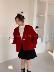 【依嘟】狐狸毛领红色小个子冬新款韩系百搭羊毛外套(配毛领狐狸，女装双面呢大衣，依嘟服饰