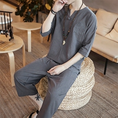 W19P80咖啡厅棉麻风刺绣盘扣加大七分裤宽松休闲T恤套装，男装休闲套装，电商A026