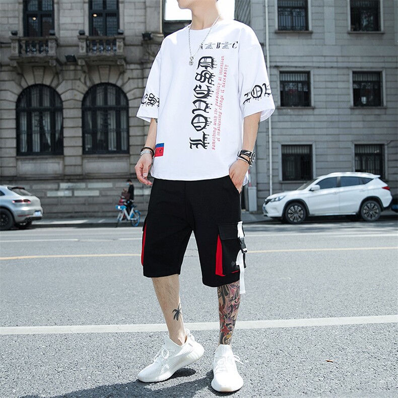 新款夏季潮流时尚T恤男装青少年宽松休闲圆领套装F178P70图片