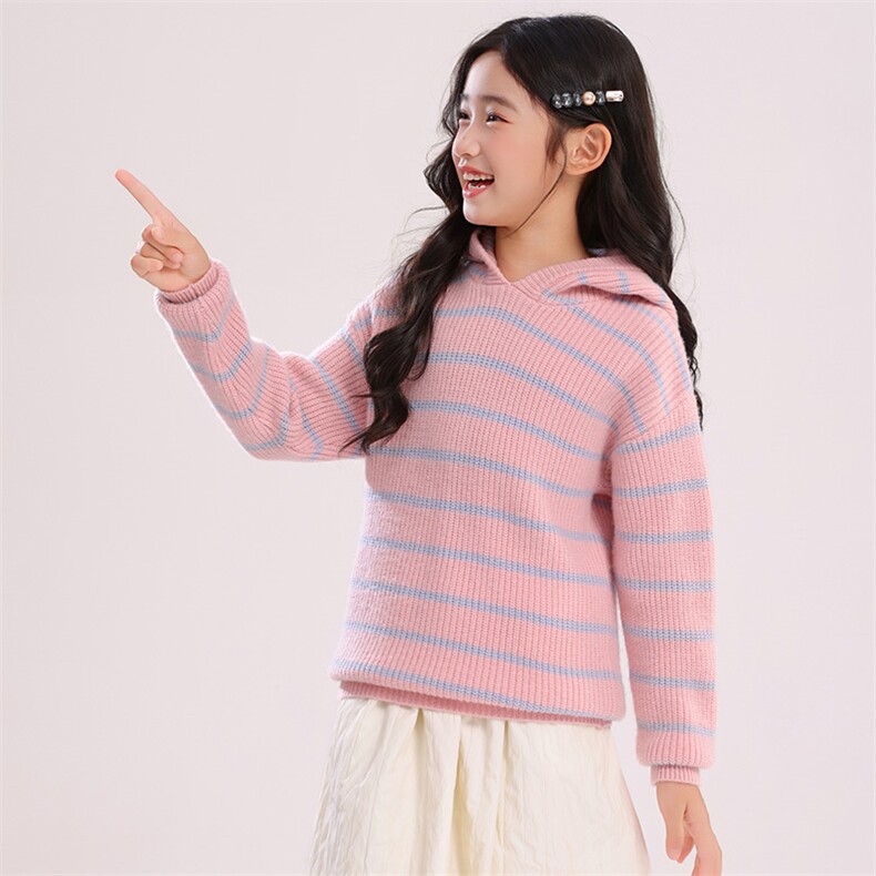 2025年秋季新款百搭男女同款七针元宝针条纹连帽衫，童装儿童羊毛衫，宏杨羊绒