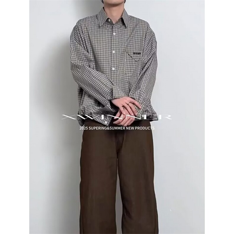 日系复古刺绣格纹廓形长袖衬衫男春秋设计感宽松情侣休闲衬衣外套,男装衬衫,星座506A