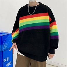 秋季美式复古彩虹条纹毛衣男潮牌情侣宽松圆领针织衫M931-P41，男装针织衫/毛衣，星座512-2