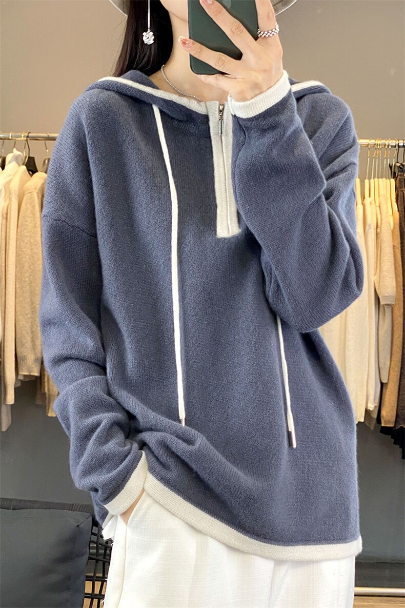 秋冬连帽半拉链100%羊毛套装女羊绒阔腿裤两件套宽松套头毛衣,女装羊毛衫,瑞上羊绒