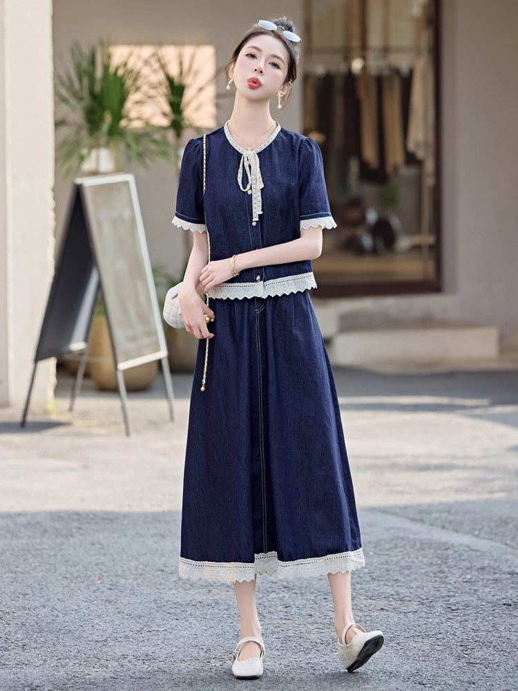 2025春夏新款大码女装时尚气质显瘦蕾丝拼接牛仔上衣半身裙两件套,女装套装/套裙,兰菲阁
