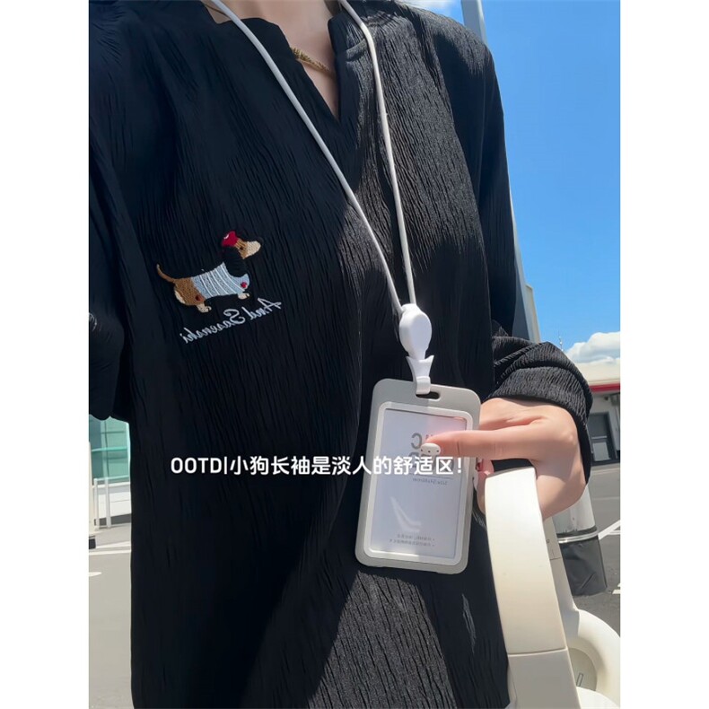 XZ809A/SYR02/特P24/控48   肌理感绣花腊肠狗V领长袖T恤卫衣图片