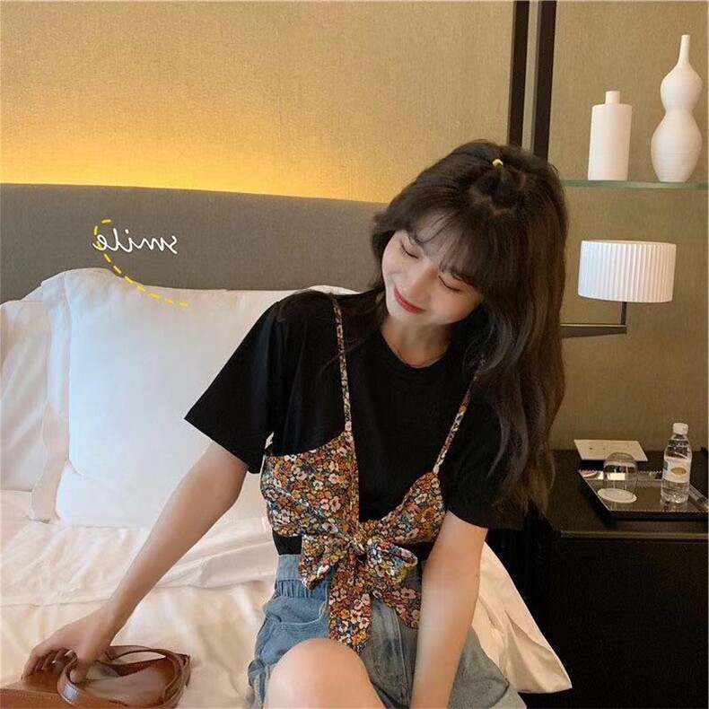 心机碎花假两件短袖t袖,女装其它,喜午