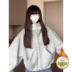 480G重磅加绒硬挺boxy男女秋冬美式高街卫衣铆钉拼接开衫厚外套，女装短外套，电商A486