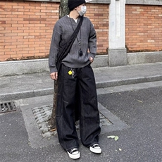 黑色明线设计感阔腿牛仔裤男美式复古高街水洗小众宽松直筒拖地裤，男装牛仔裤，星座1210-1