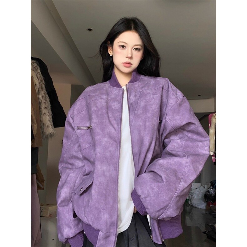 美式复古ins宽松棒球服外套秋冬新款百搭高级感PU皮机车夹克男女,男装夹克,星座506A