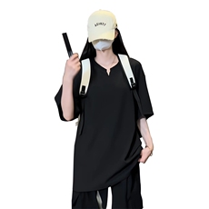 wassuphappy条纹短袖t恤男士夏季薄款宽松上衣服潮流休闲五分袖，男装T恤，电商B371