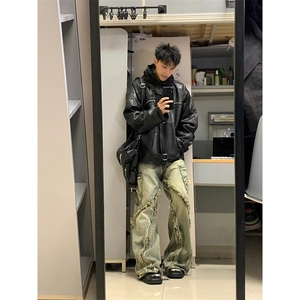 美式高街小众t解构微喇牛仔裤男春秋毛边拼接设计感裤子潮 N9987图片