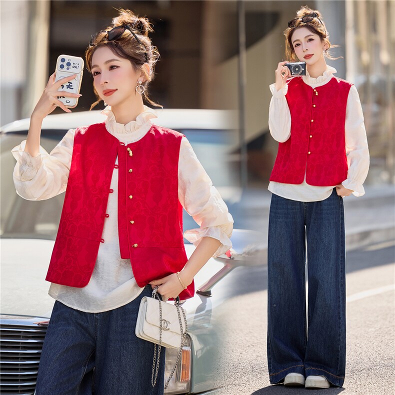 6301春装新款喜庆红色短款圆领提花马甲小外套，女装马甲，微微衣阁